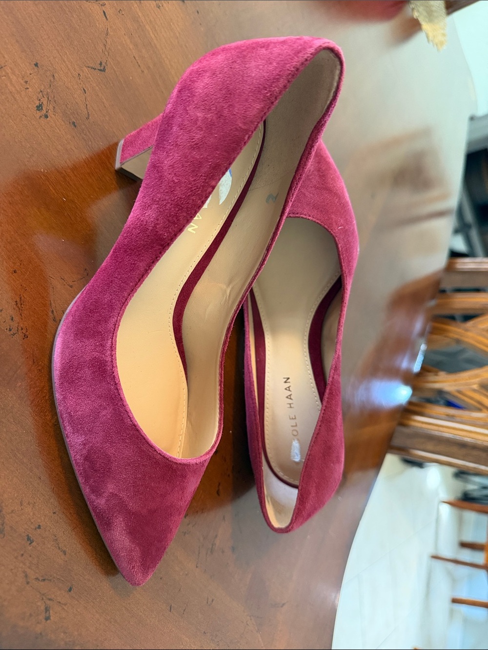 Cole Haan Pink Suede Pointed-Toe Low Block Heel Pumps